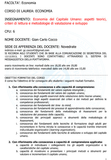 Economia del Capitale Umano: aspetti teorici, criteri di lettura e metodologie di valutazione e sviluppo